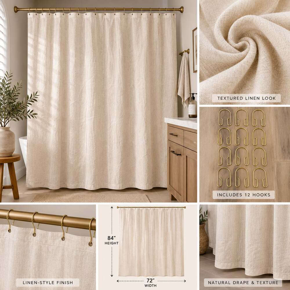 Awellife Linen-Look Textured Fabric Shower Curtain with Hooks, Clear Liner 7 ft